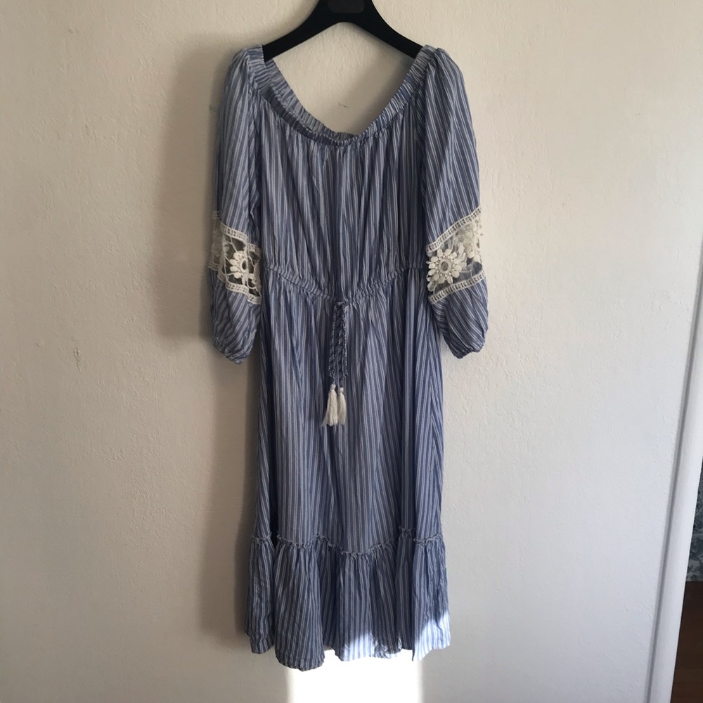 Blue and White Striped Off the Shoulder Sun Dress Sz XL